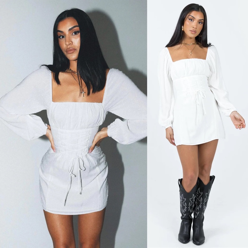 Princess Polly Fauce White Long Sleeve Lace Up Front Square Neck Swiss Dot Dress
